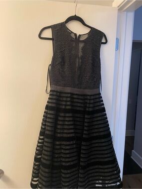 BEBE Women’s Black Lace & Striped Tulle Party Dress
